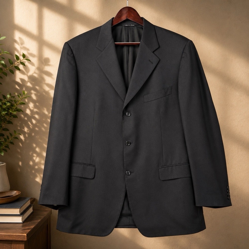 Canali Suit Jacket Blazer Men's 48L Black 100% Wool 3 Button Long Made in Italy